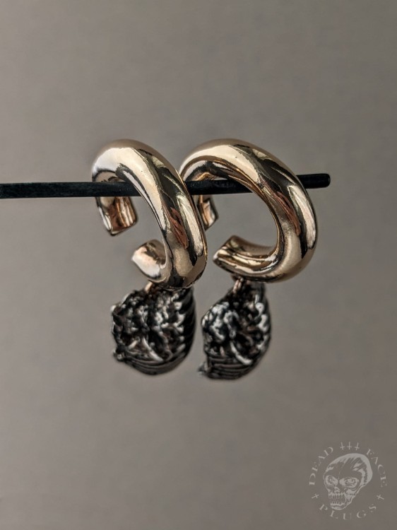 Artistic cosmic-inspired ear weights, unique OOAK Alternative ear hangers with white iron and massive gold bronze hook