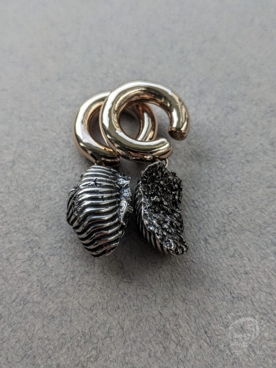 Silver piece of ammonite and gold chunky shiny hoops  ear weights artifact hangers