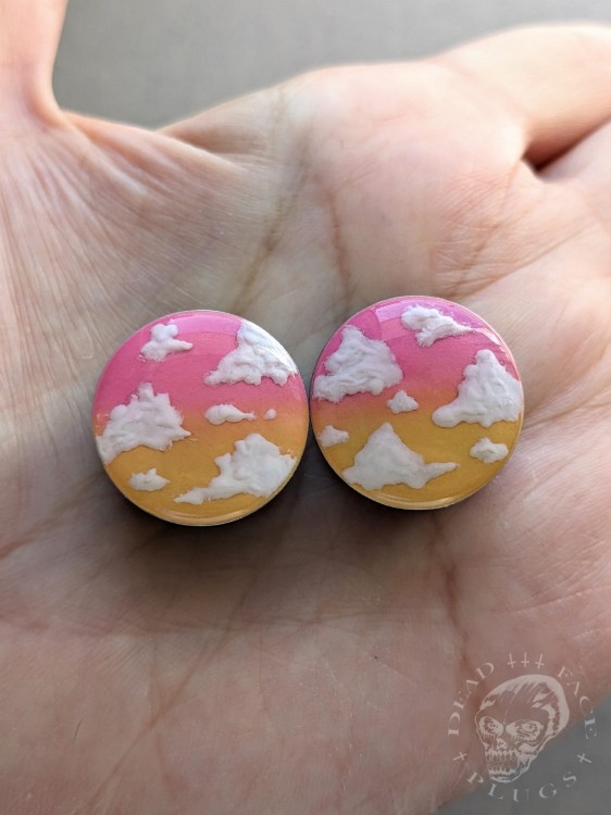 Unique ear plugs on silver tunnels with ombre colors and fluffy white clouds.