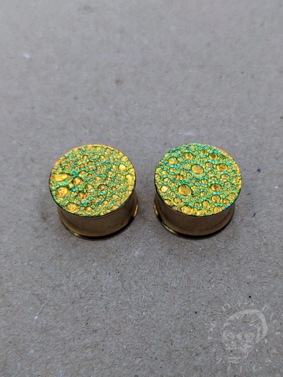 orange gold and green textured reptilian snake skin plugs gauges for stretched ears