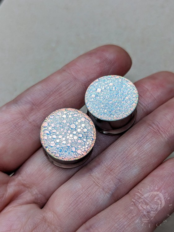 blue gold copper and green textured reptilian snake skin plugs gauges for stretched ears