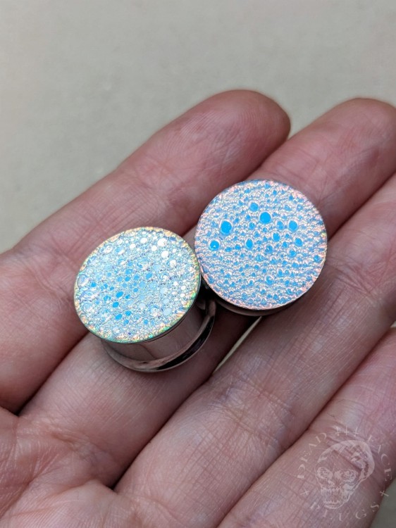 color shifting blue gold copper and green textured reptilian snake skin plugs gauges for stretched ears