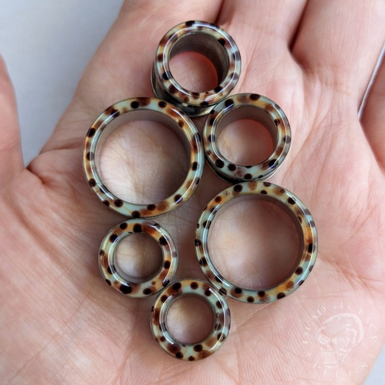 Rainbow trout skin pattern ear tunnels in mint, lemon, orange, and pink colors made of surgical steel and resin – unique colorful body jewelry