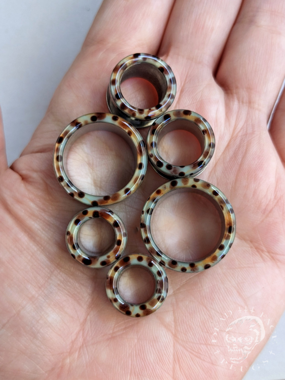 Rainbow trout skin pattern ear tunnels in mint, lemon, orange, and pink colors made of surgical steel and resin – unique colorful body jewelry