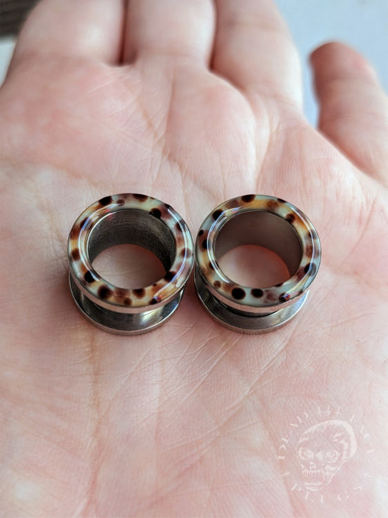 Rainbow trout skin pattern ear tunnels in mint, lemon, orange, and pink colors made of surgical steel and resin – unique colorful body jewelry