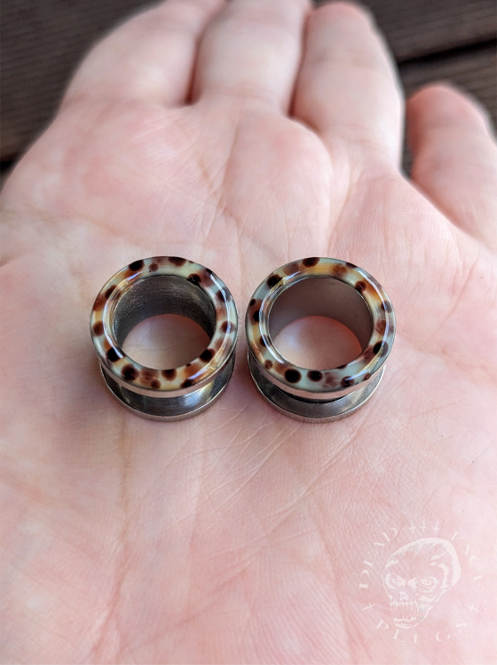 Rainbow trout skin pattern ear tunnels in mint, lemon, orange, and pink colors made of surgical steel and resin – unique colorful body jewelry