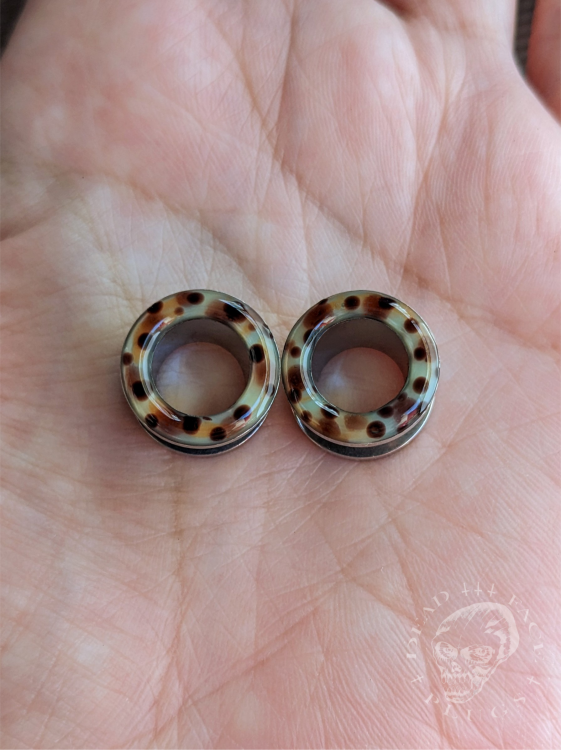 Rainbow trout skin pattern ear tunnels in mint, lemon, orange, and pink colors made of surgical steel and resin – unique colorful body jewelry