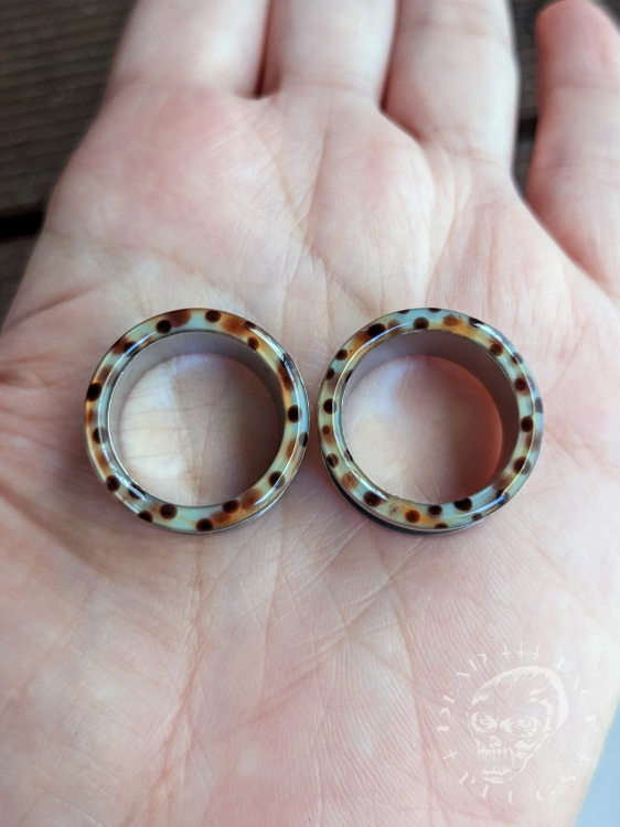 Rainbow trout skin pattern ear tunnels in mint, lemon, orange, and pink colors made of surgical steel and resin – unique colorful body jewelry