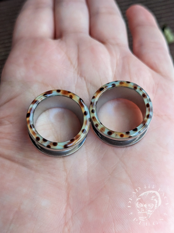 Rainbow trout skin pattern ear tunnels in mint, lemon, orange, and pink colors made of surgical steel and resin – unique colorful body jewelry