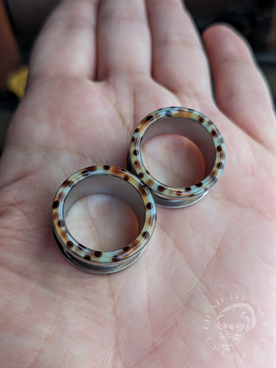 Rainbow trout skin pattern ear tunnels in mint, lemon, orange, and pink colors made of surgical steel and resin – unique colorful body jewelry