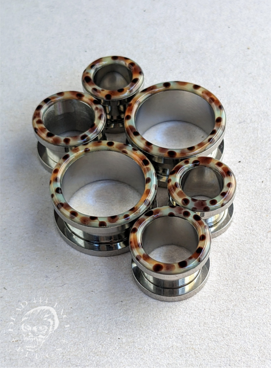 Rainbow trout skin pattern ear tunnels in mint, lemon, orange, and pink colors made of surgical steel and resin – unique colorful body jewelry