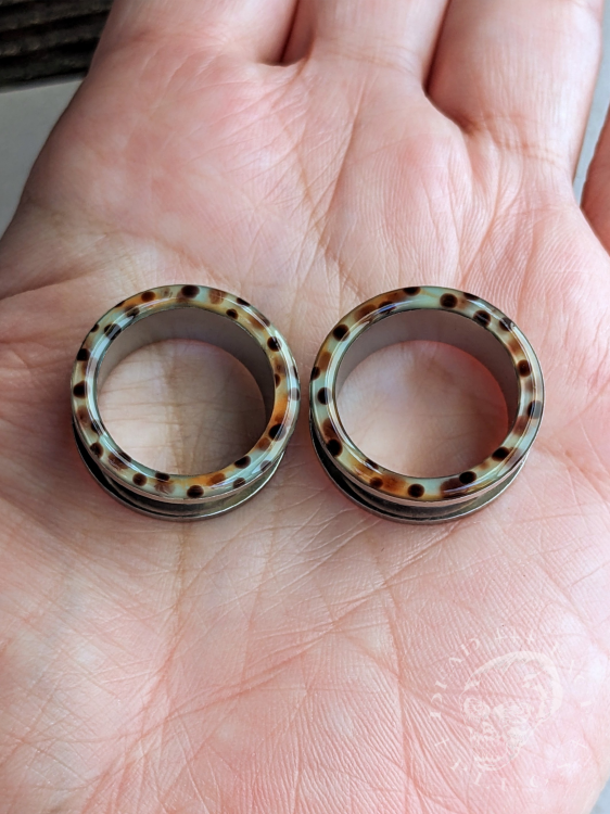 Rainbow trout skin pattern ear tunnels in mint, lemon, orange, and pink colors made of surgical steel and resin – unique colorful body jewelry