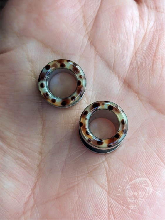 Rainbow trout skin pattern ear tunnels in mint, lemon, orange, and pink colors made of surgical steel and resin – unique colorful body jewelry